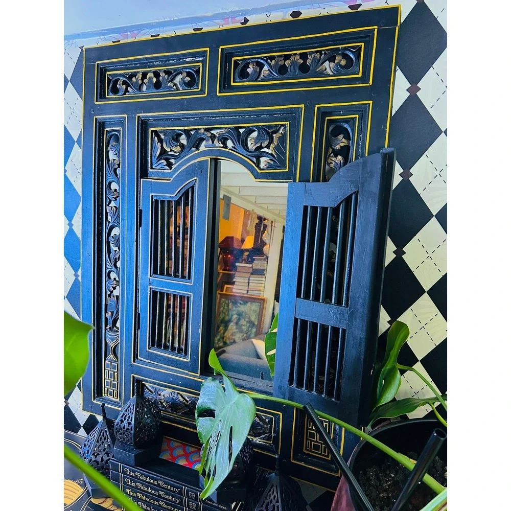 Statement 3 Foot Moroccan Black Gold Carved Wood Mirror With Opening Doors